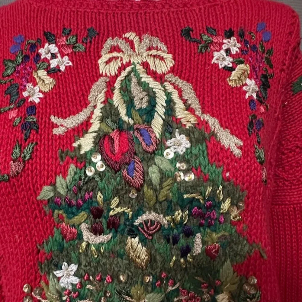 Red Christmas Tree Sweater Tunic, Embroidered, Tiara International Size L - Picture 2 of 13